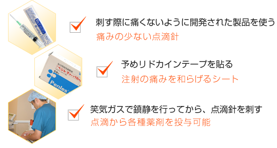 刺す際に痛くないように開発された製品を使う：痛みの少ない点滴針、予めリドカインテープを貼る：注射の痛みを和らげるシート、笑気ガスで鎮静を行ってから、点滴針を刺す：点滴から各種薬剤を投与可能